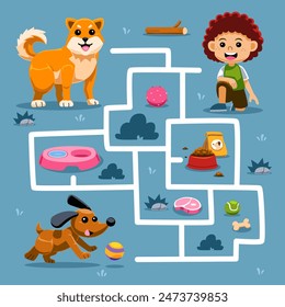 Game for children simple maze with cute cartoon dog and boy pet worksheet