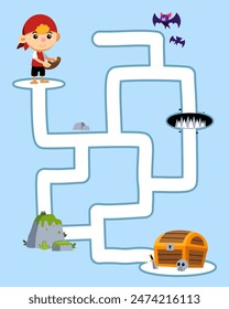 Game for children simple maze with cute pirate boy move to the treasure chest pirate worksheet