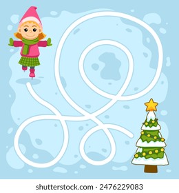 Juego para niños simple laberinto con linda chica de dibujos animados mover a árbol de navidad hoja de trabajo de invierno