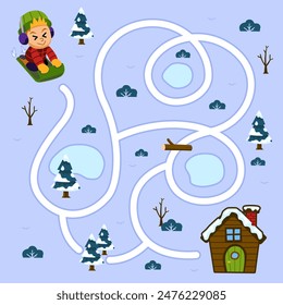 Game for children simple maze with cute cartoon boy playing ice sled to the house winter worksheet