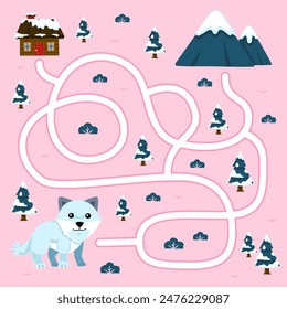 Spiel für Kinder einfaches Labyrinth mit niedlichen Cartoon Arctic Fox Winter Arbeitsblatt
