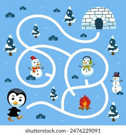 Game for children simple maze with cute cartoon penguin and igloo winter worksheet