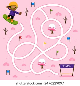 Game for children simple maze with cute cartoon snowboarding boy winter worksheet