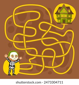Game for children simple maze help skeleton boy move to the spooky green house halloween worksheet