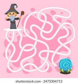 Game for children simple maze help cute cartoon wizard move to the magic orb halloween worksheet