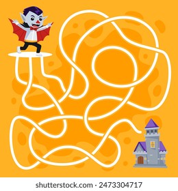 Game for children simple maze help cute cartoon dracula move to the castle halloween worksheet