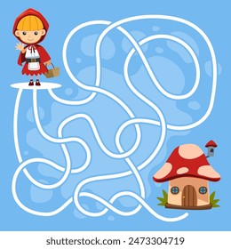 Game for children simple maze help cute hood girl move to the mushroom house halloween worksheet