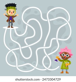 Game for children simple maze help cute frankenstein move to the scientist halloween worksheet