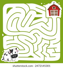 Game for children simple string maze with cute cartoon cow move to the barn animal worksheet