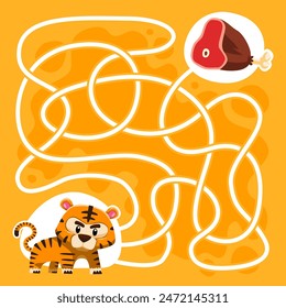 Game for children simple string maze with cute cartoon tiger move to meat animal worksheet