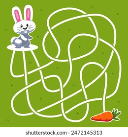 Game for children simple string maze with cute cartoon rabbit move to carrot animal worksheet