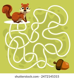 Game for children simple string maze with cute cartoon squirrel move to the nut animal worksheet