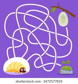 Game for children simple string maze with cute cartoon cocoon bug worksheet