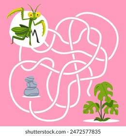 Game for children simple string maze with cute cartoon mantis bug worksheet