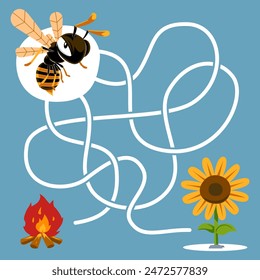 Game for children simple string maze with cute cartoon bee wasp and flower bug worksheet