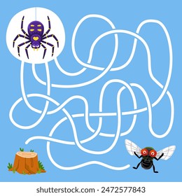 Game for children simple string maze with cute cartoon spider and fly bug worksheet