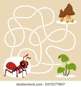 Game for children simple string maze with cute cartoon red ant bug worksheet
