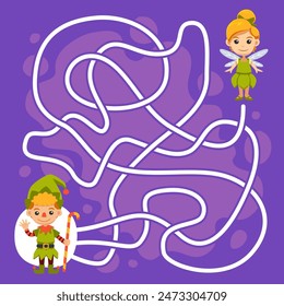 Game for children simple string maze help cute cartoon dwarf move to the fairy halloween worksheet