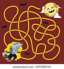 Game for children simple string maze help cute cartoon werewolf move to the moon halloween worksheet