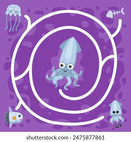 Game for children string maze with cute cartoon white animal underwater worksheet