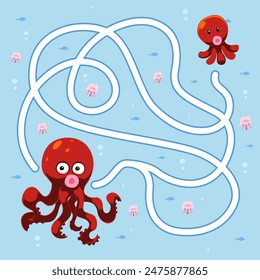Game for children string maze with cute cartoon octopus underwater worksheet