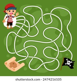 Juego para niños laberinto de cuerdas ayuda lindo niño pirata moverse al mapa del tesoro o bandera pirata hoja de trabajo