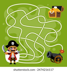 Game for children string maze help cute captain move to the treasure or cannon pirate worksheet