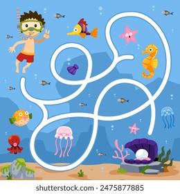 Game for children string maze help cute cartoon diver move to pearl shell underwater worksheet