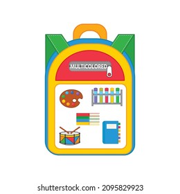 A game for children. Study of colors. School supplies. Put it in your backpack. Multi-colored. Back to school topic. Vector illustration. Printing sheet for games with stickers or Velcro