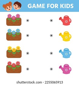 Juego para niños. El estudio de las flores. Encuentra una coincidencia entre las flores y la lata de agua. Hoja para imprimir. El desarrollo de la lógica en niños preescolares