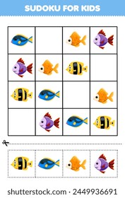 Game for children sudoku for kids with cute fish printable pet worksheet