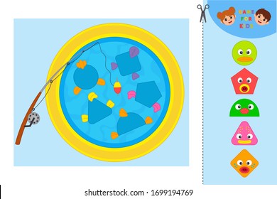 Game for children task for the development of logical thinking. Geometric shapes in the underwater world. Education developing worksheet. Vector illustration