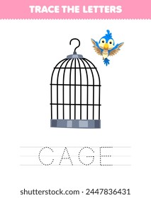 Game for children trace the letter of cute cartoon bird cage printable pet worksheet