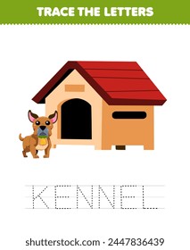 Game for children trace the letter of cute cartoon dog kennel printable pet worksheet