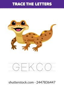 Game for children trace the letter of cute cartoon gecko printable pet worksheet