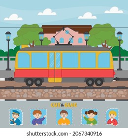 A game for children. The tram rides along the city street - application. Cut and paste the tram's passengers. Kids vector riddle. Children funny riddle entertainment