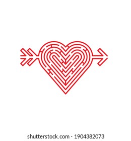 Game for children. Valentine's Day. Heart shaped labyrinth. Maze puzzle. Cartoon Vector Illustration of Education Paths. 