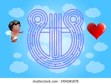 Game for children. Valentine's Day. Help Cupid find hearts. Kids activity sheet. Maze puzzle. Cartoon Vector Illustration of Education Paths.