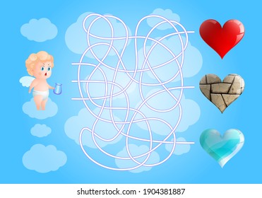 Game for children. Valentine's Day. Help Cupid find hearts. Kids activity sheet. Maze puzzle. Cartoon Vector Illustration of Education Paths.