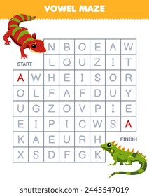 Game for children vowel maze help cute gecko move to the iguana printable pet worksheet