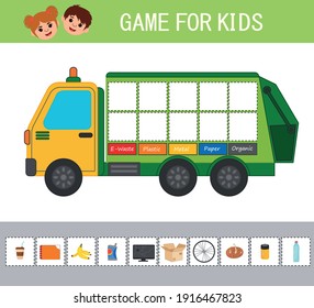 Game for children. Waste sorting concept illustration. Sort garbage by type. Garbage truck. Educational activity for kids and toddlers.