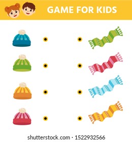 Game For Children. Winter Christmas Matching Game .Connect Colorful Hats With Same Color Scarfes.  Preschool Worksheet Activity For Kids