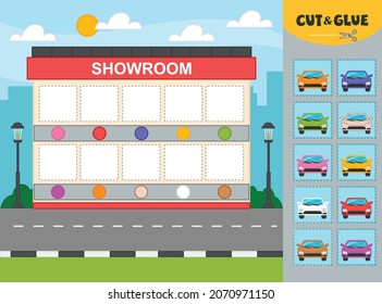 Game for children, working print sheet. Showroom car. Paper applique. Cut and glue by color. Vector illustration. Children funny riddle entertainment