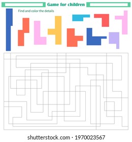A game for children. Worksheet. Find and paint parts by sample color