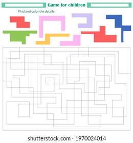 A game for children. Worksheet. Find and paint parts by sample color