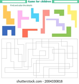 A game for children. Worksheet. Find and paint parts by sample color