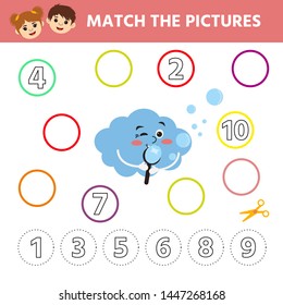 Game for childrens. Kids activity sheet with cute cloud character. Printable drawing worksheet. Fill in numbers from 1 to 10 