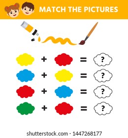 Game for childrens. Kids activity sheet with cute cloud character. Printable drawing worksheet. What color will you get if you mix colors?