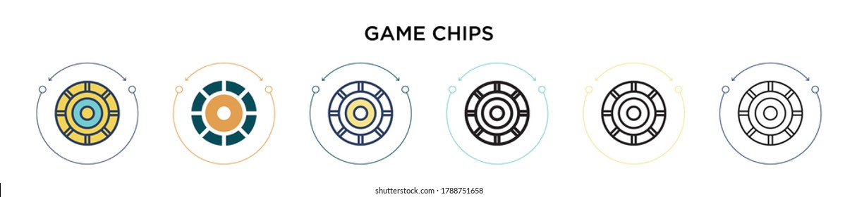 Game chips icon in filled, thin line, outline and stroke style. Vector illustration of two colored and black game chips vector icons designs can be used for mobile, ui, web