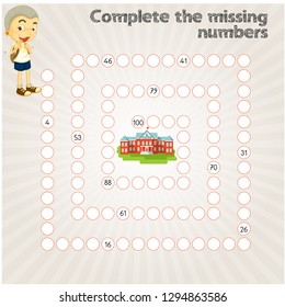 Game with christmas bells for children, fill in the missing numbers, middle level, education game for kids, school worksheet activity, task for the development of logical thinking, vector illustration